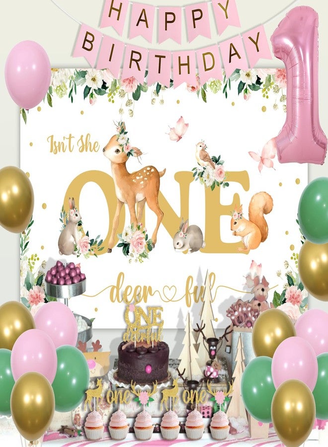Fangleland Isn't She Onederful Girls 1st Birthday Decorations, Deer First Birthday Party Supplies for One Year Old Girl - Floral Backdrop Balloons Cake Cupcake Toppers, Woodland Animal Decors - Image 3